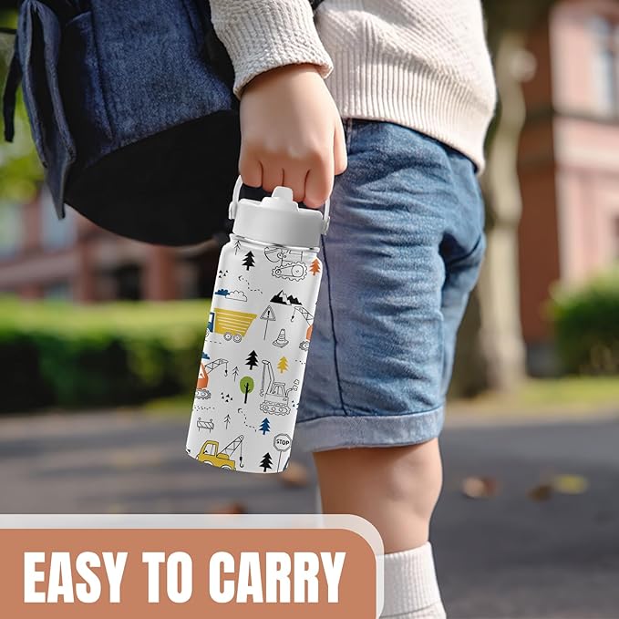 16 oz Water Bottle with Straw Lid, Stainless Steel Insulated Tumbler, Cute Construction Water Bottles for Birthday Christmas