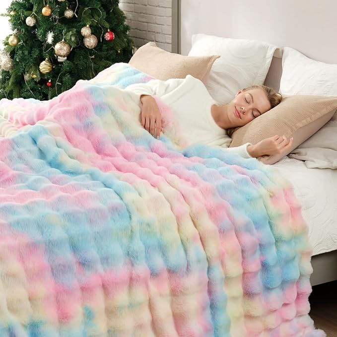 Cozy Bliss Faux Fur Throw Blanket for Couch, Bubble Plush Blanket Queen Size, Fuzzy Soft & Thick Blanket for Bed Sofa Living Room, 90x90 Inches Tie-dye Rainbow