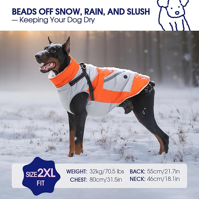 FUAMEY Dog Winter Jackets for Large Dogs,Dog Coat with Harness Built in,Waterproof Dogs Snowsuits Warm Pet Jacket Zip Up Fleece Cold Weather Coats Reflective Puppy Vest with Pocket Orange XL