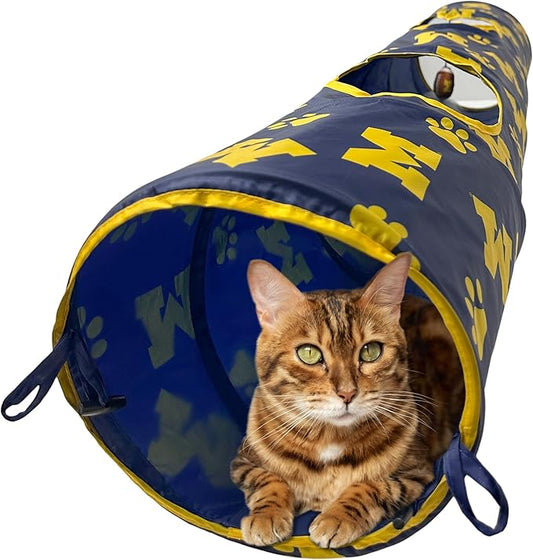 NCAA Michigan Wolverines Cat Tunnel Tube Toy with Plush Football Catnip and Feathers