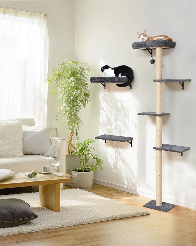 FUKUMARU Cat Wall Shelves, Stable 3-in-1 Wall Mounted Cats Furniture Set, Kitten Scratching Post with Soft Cushion Perch, Space Saving Climbing Wall for 16 Inch Drywall - Gray