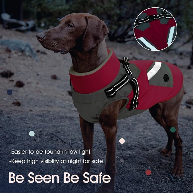 IECOii Dog Winter Jacket for Small Dogs, Waterproof Dog Coat with Harness Built in, Windproof Reflective Zip Up Fleece Jacket for Dogs, Puppy Thermal Warm Snowsuit for Cold Weather, Rosered, S