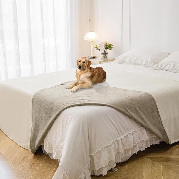 Waterproof Blanket for Bed Protection, Washable Dog Blankets for Couch, Soft Reversible Pet Throw Furniture Protector Cover for Sofa-82"x120",Beige+Khaki