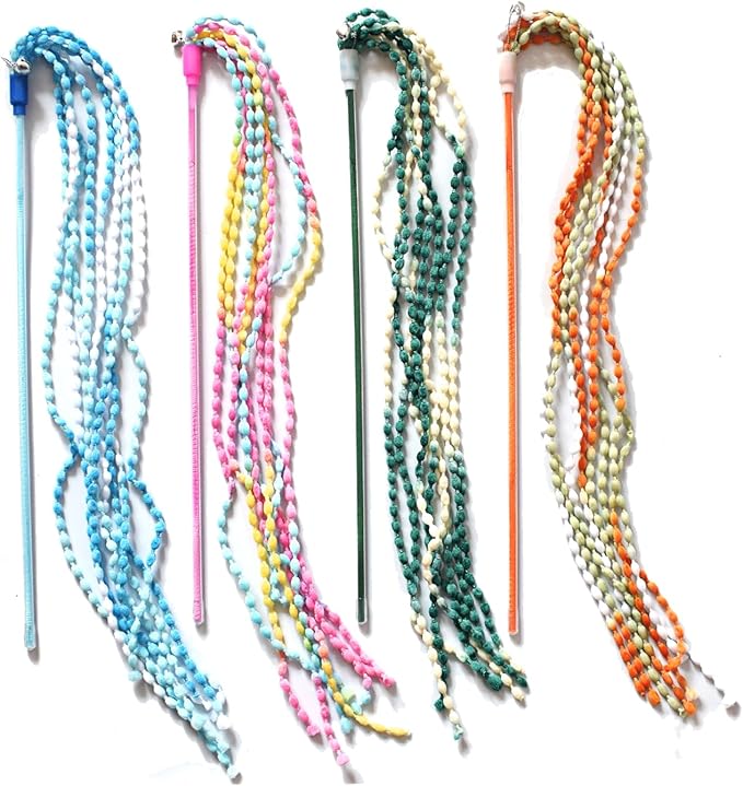 IUHKBH Cat Wand Toys, 4 PCS Plush Srtip Teaser Toy Interactive Teasing Stick Vibrant Teaser Wands with Bell for Cat Kitten Having Fun Exerciser Playing