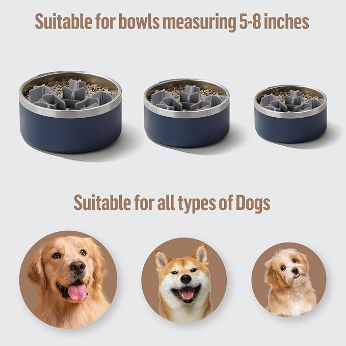 Dog Slow Feeder Insert, Adjustable Silicone Slow Feeding Dog Bowls Insert with 9 Suction Cups, Anti-Choking, Adjustable Length 4.7-7 Fits Ceramic/Stainless Steel Bowl for Different Dogs (Grey)