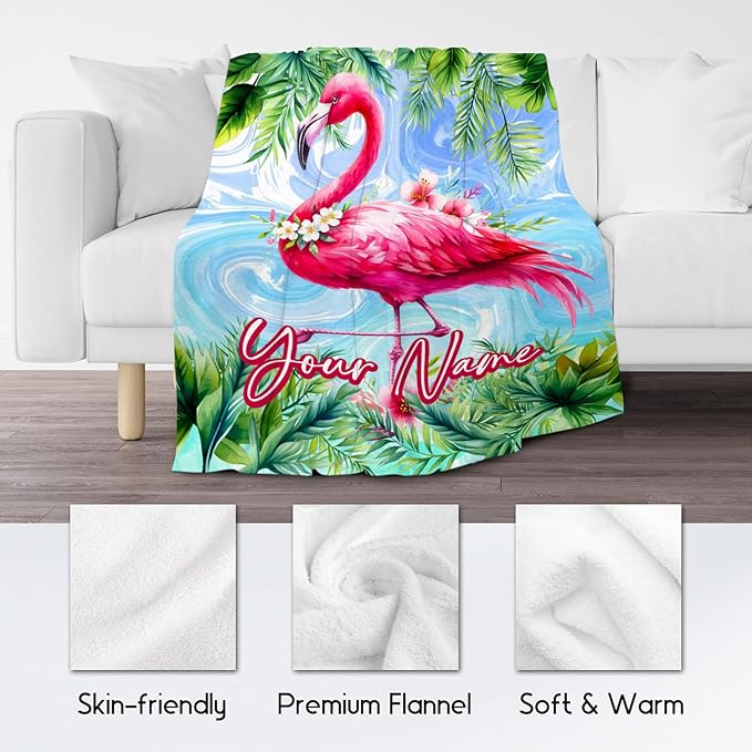 Girls Blanket Personalized Flamingo Blankets Gifts - Flannel Soft Throws for Room Decor/Couch/Sofa - 4 Sizes