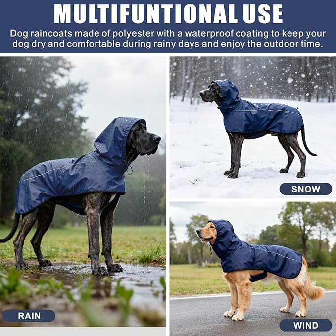 Mosucoirl Dog Raincoat Jacket Reflective Adjustable Hooded Pet Poncho Rain Coats with Leash Hole Waterproof Clothes for Small Medium Large Dogs (NavyBlue, XL)