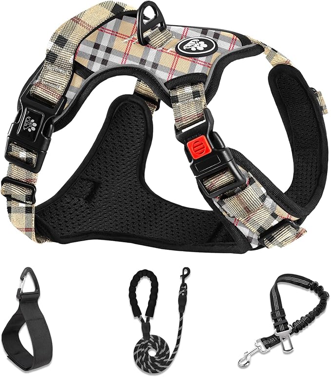NESTROAD No Pull Dog Harness with Leash, Reflective No Choke Pet Vest Harness,Adjustable Soft Padded Dog Harness with Easy Control Handle for Small Dogs(Checkered Beige,Small)