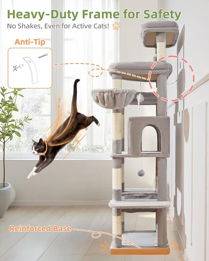 Taoqimiao 71 Inches Cat Tree for Large Cats 20lbs+, 3 Giant Perches, Multi-Level Cat Tree Tower, Widened Cat Condo with 9 Scratching Posts, Luxurious Hammcock & Basket, Light Gray, MS034W