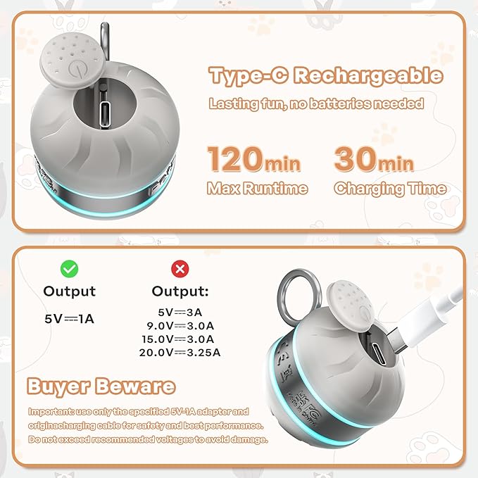 Speedy 2.0 Tail Interactive Cat Toys for Bored Indoor Adult Cats with 3 Tails,Automatic Cat Toy Ball Self Moving Chirping,Smart Kitten Rechargeable Cat Balls for Enrichment Exercise Essentials (Grey)