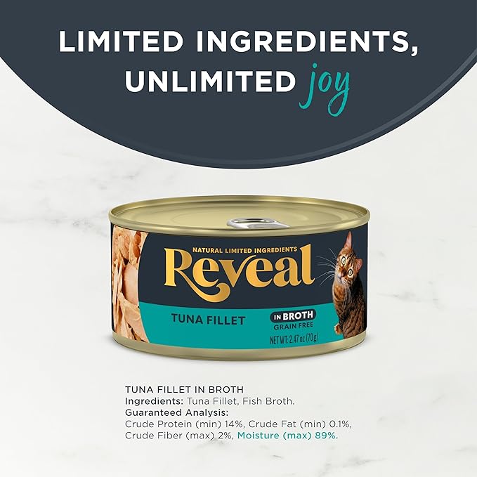 Reveal Natural Wet Cat Food, 24 Count, Grain Free, Limited Ingredient Canned Food for Cats, Tuna Fillet in Broth, 2.47 oz Cans
