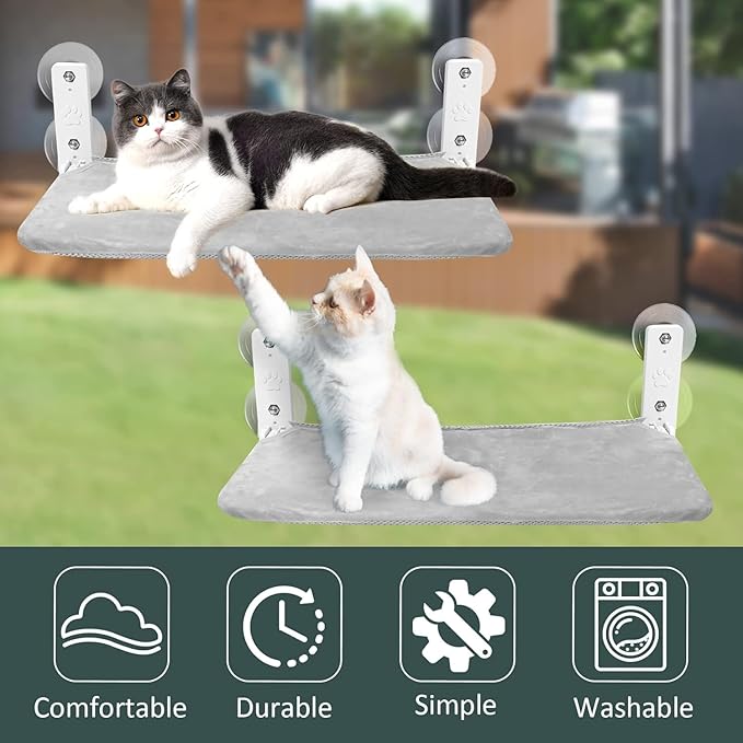 Sunhoo 2PCS Cat Window Hammock Perch Cordless Window Sill Seat Bed Foldable Kitty Lounger Indoor Cats Shelf Stable Upgraded Suction Cup Easy Assembly 20.5 * 11.8in Hold Up to 55lbs (Grey, M)