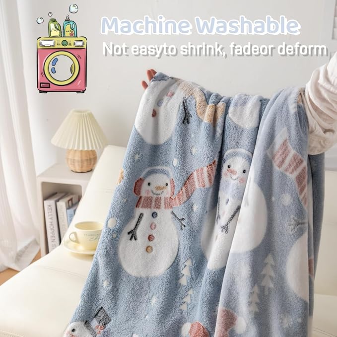 Christmas Snowman Blanket Gift, Glow in The Dark Blanket, Cozy Soft Fleece Blanket for Holiday Décor, Children Boys Girls Teens Holiday Theme Blanket, 50"*60", Kids Blanket, Sky Blue