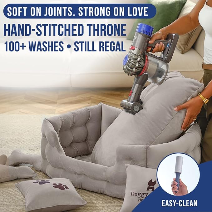 Luxury Dog Bed Chesterfield – Handcrafted Velvet Throne for Dogs | Joint Support, Calming & Temp-Regulating Comfort | Durable 5+ Years, Anti-Claw, Washable 100+ Times – L, Gray