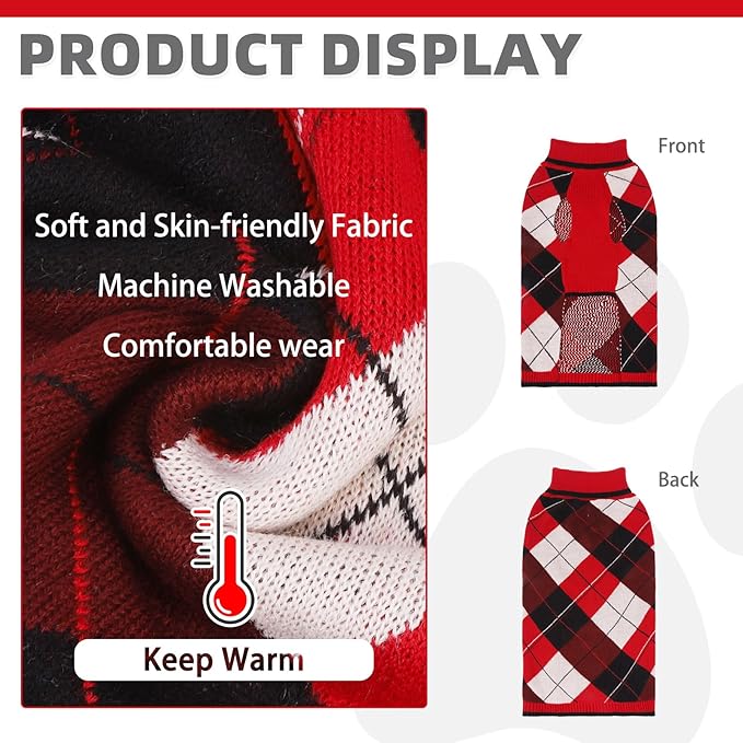 KOOLTAIL Dog Sweater Pet Knitted Clothes-Classic Plaid Pullover Turtleneck Red Fleece Dog Christmas Sweaters with Leash Hole, Thick Warm Dog Winter Clothes for Small Medium Large Dogs Cats Puppy, S