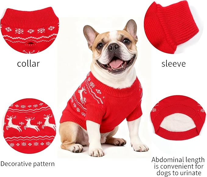 Christmas Medium/Large Dog Sweater, Warm Dog Winter Coat w/Sleeves & Leash Hole, Comfy Stretch Premium Dog Clothes for Bulldog-Best for Holidays, Daily Walks L Red
