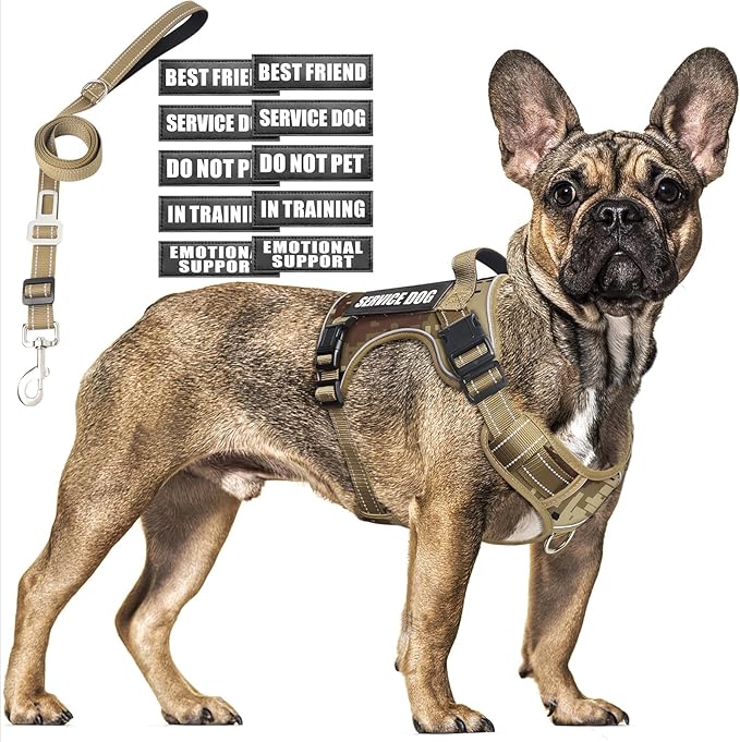 Tactical Dog Harness and Leash Set Medium Sized Dog,Heavy Duty No Pull Service Dog Vest and 10 Patches with Dog Seat Belt,Reflective Adjustable Pet Harness for Training Walking Hiking Camo M