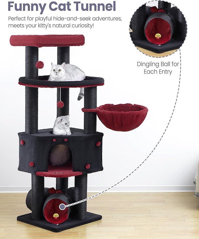 Cat Tree Tower for Indoor Cats Large Adult - Heavy Duty Extra Wide Maine Coon Condo House with Hammock Scratching Post Tunnel - 60 Inch XL Feline Bed Condos Trees - Big Multi Level Cat Houses Stand