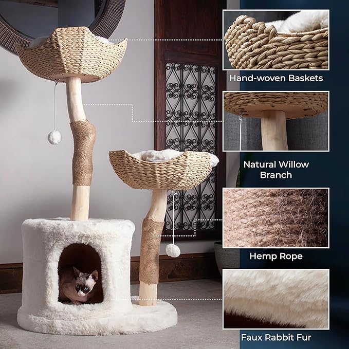 Habitat Haven The Bungalow Cat Tree - Luxury Cat Condo, Large Modern Indoor Tower with 2 Faux Fur Beds, Scratching Posts, Toys, and Den for Cats, 23.5-Inch Width x 18-Inch Depth x 43-Inch Height