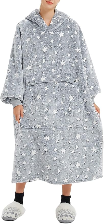 KFUBUO Glow in The Dark Wearable Blanket Hoodie for Adults Long Sherpa All Patterns Oversized Sweatshirt Blanket with Pockets Birthday Gifts for Women