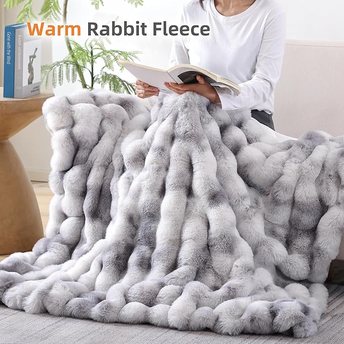 Smoofy Faux Fur Throw Blanket for Couch Rabbit Fleece - Tie-dye Grey Fluffy Blanket for Sofa Bedroom Living Room, Cozy Soft Plush Luxury Thick Winter Fuzzy Comfy Bubble Blanket - 60" x 80"
