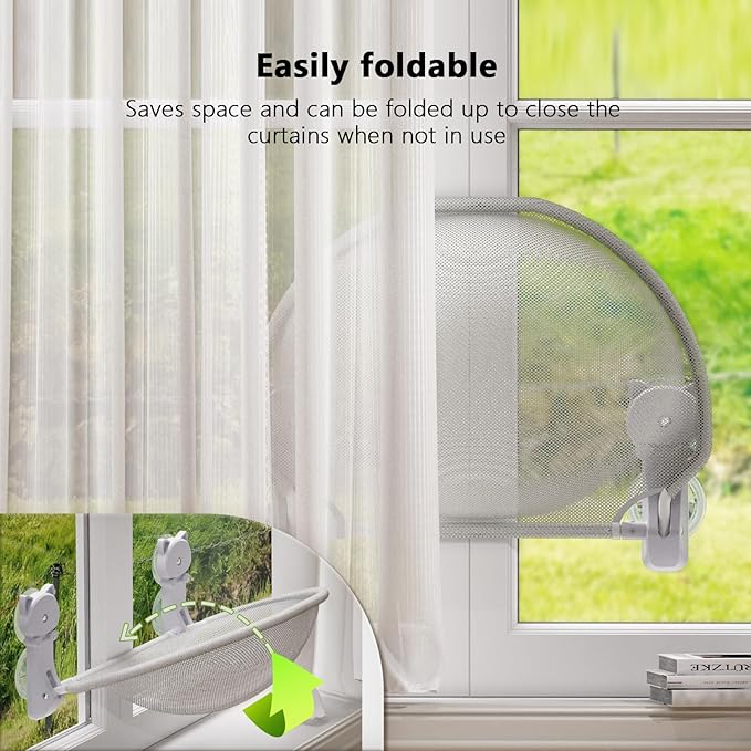 Cat Window Perch Cordless, Foldable & Stable Cat Beds- Breathable Cat Window Hammock for Overlooking, Sunbathing and Climbing - Maximum Hold Up to 40lb