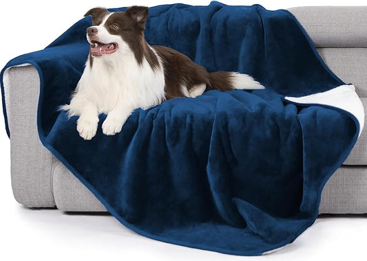 gogobunny Waterproof Bed Blanket, Reversible Sherpa Fleece Throw Blanket for Dog Puppy Cat, Furniture Cover Protects Bed Couch Sofa from Liquid Pee and Pet Fur (Navy Blue, 50x60 inches)