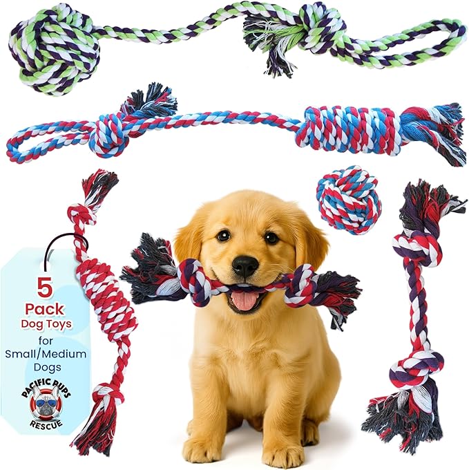 Pacific Pups Products Dog Rope Toys for Medium Dogs & Small Dogs 5 Pack - Puppy Teething Toys and Small Dog Toys - 5 Puppy Chew Toys for Teething