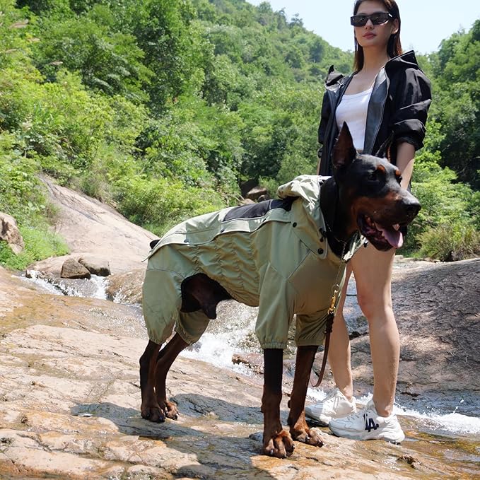 LOVELONGLONG Waterproof Dog Raincoat with Removable Hood – Outdoor Full Body Dog Jacket, Windproof Snowproof Shell Suit – All Season Pet Rain Gear Sage Green XL