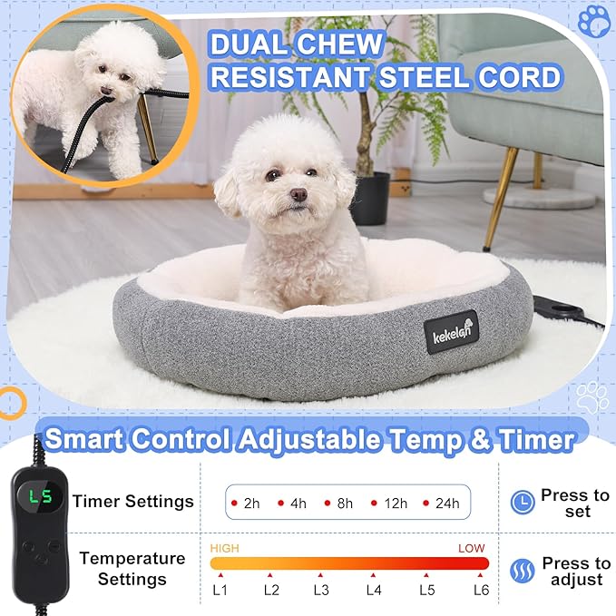 Indoor Heated Cat Bed, Heated Pets Bed for Indoor Cats Kitten Small Dogs Puppy Machine Washable Electric Warming Bed Mat Soft Cozy Pet Heating Pad with Timer & Temp Adjustable