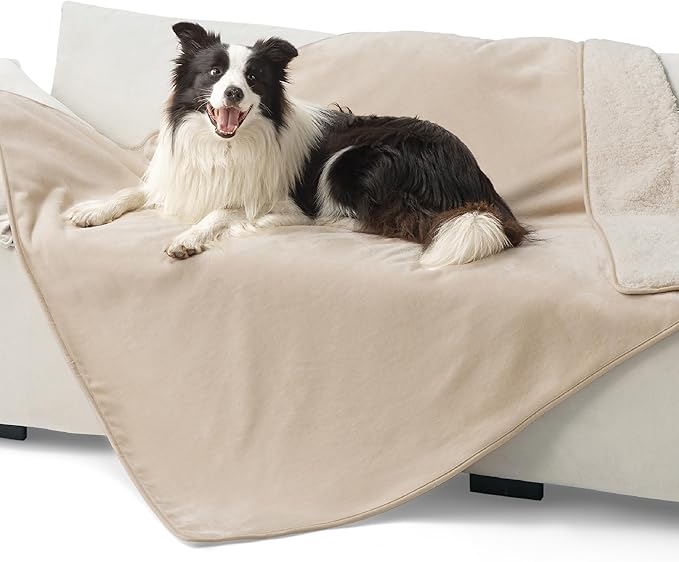 Bedsure Cat Blanket for Indoor Cats - Waterproof Calming Cat Blankets for Couch Bed Protection, Sherpa Fleece Pet Blanket, Soft Plush Reversible Throw Furniture Protector, 60"x50", Cream