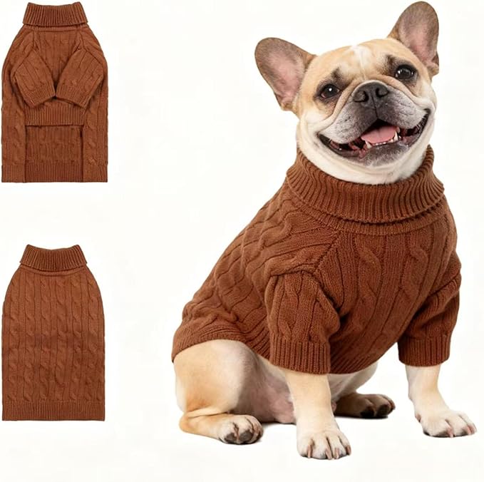 Medium/Large Dog Sweater, Warm Dog Winter Coat w/Sleeves, Comfortable High Neck Premium Dog Clothes for Bulldog-Best for Holidays, Daily Walks L Brown