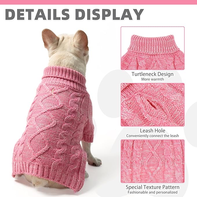 KOOLTAIL Dog Sweater for Large Medium Small Dogs, Fall Dog Sweaters, Turtleneck Cable Knitwear Pet Cold Weather Coats with Leash Hole, Warm Winter Pullover Clothes for Bulldog, Yorkie,Boy Girl, Pink M