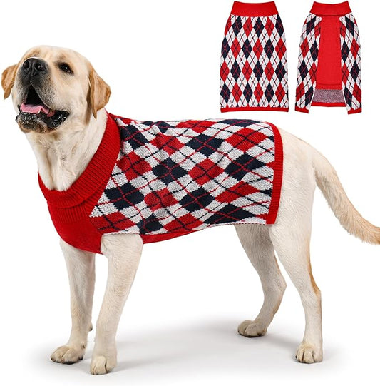 Dog Sweater for Large Dogs Plaid Checkered Knit Turtleneck Pullover Winter Clothes Boys Girls Stretch Golden Retriever Labrador Bulldog Pitbull Doberman Christmas Pet XXL