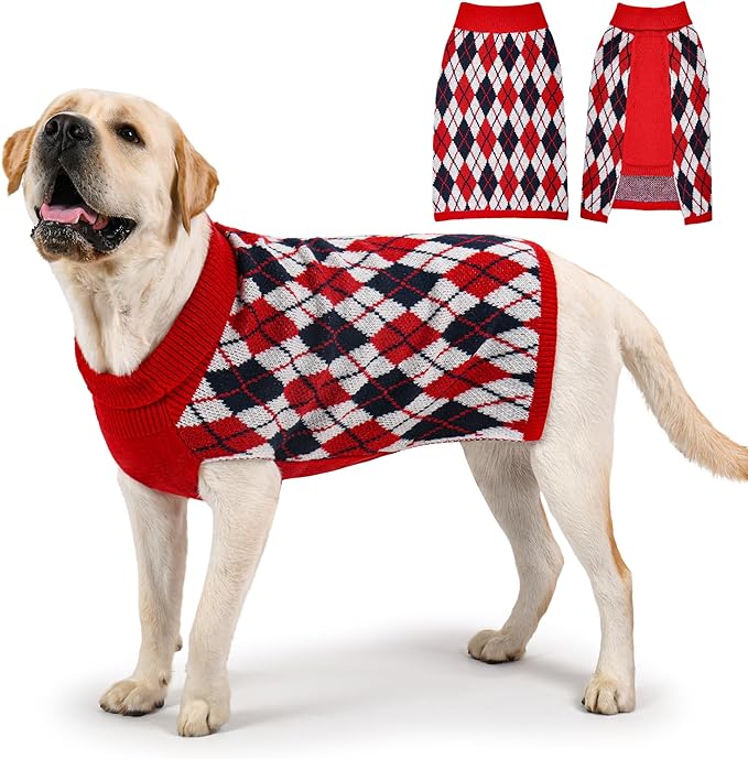 Dog Sweater for Large Dogs Plaid Checkered Knit Turtleneck Pullover Winter Clothes Boys Girls Stretch Golden Retriever Labrador Bulldog Pitbull Doberman Christmas Pet XL