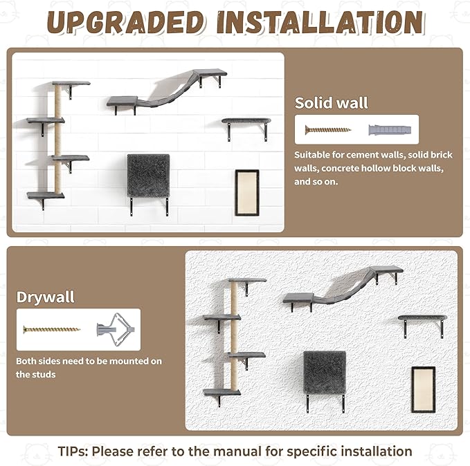 Cat Wall Shelves, Wall Mounted Cat Furniture, Cat Wall Cimber with Perches, Scratchers and Condo, Set of 5 (Grey)