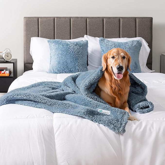 PetAmi Fluffy Waterproof Dog Blanket for Bed Large Dogs, Soft Warm Pet Sherpa Throw Pee Proof Couch Cover, Reversible Cat Blanket Sofa Crate Kennel Protector, Washable Mat (Dusty Blue, 60x80)