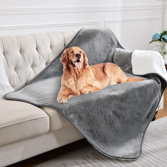 Waterproof Blanket for Bed Couch Sofa, Soft Liquid Pee Proof Pet Blanket for Dog Puppy Cat, Reversible Sherpa Fleece Furniture Protector (Grey, 50x60 inches)