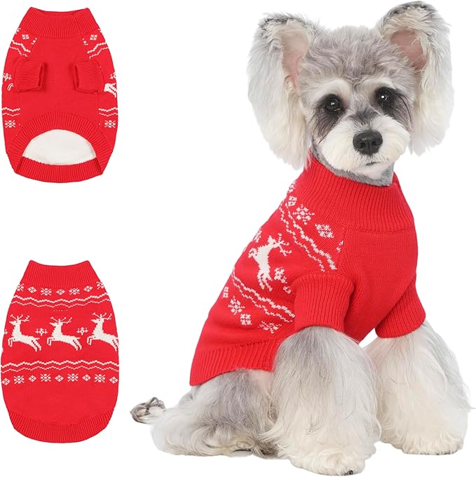 Christmas Small/Medium Dog Sweater, Warm Dog Winter Coat w/Sleeves & Leash Hole, Comfy Stretch Premium Dog Clothes for Schnauzer-Best for Holidays, Daily Walks M Red