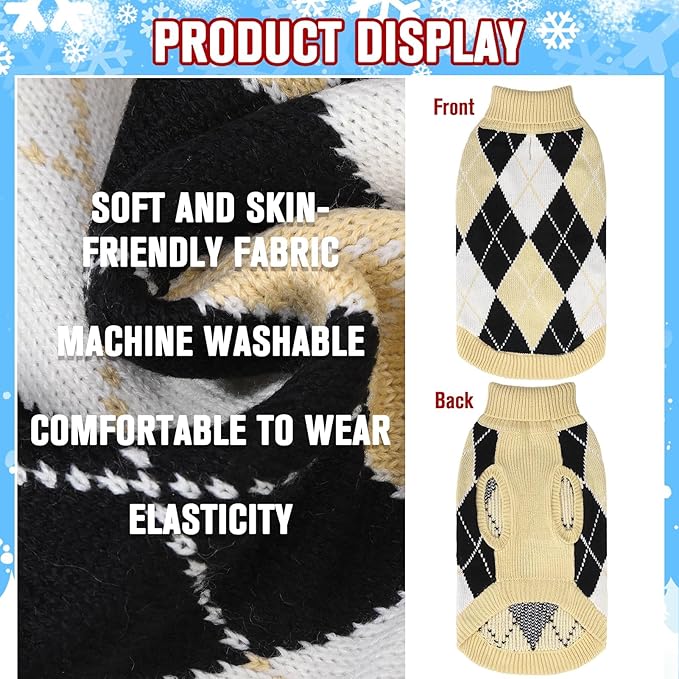KOOLTAIL Small Dog Sweater, Knit Turtleneck Cold Weather Dog Sweaters for Medium Large Dogs, Soft Diamond Plaid Pullover Knitwear Dog Winter Warm Clothes, Pet Coat Puppy Sweater for Girls Boys M