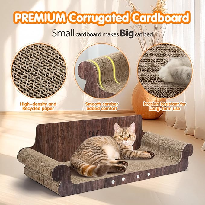 Extra Large Cat Scratcher Bed, 32 Inch Cat Scratching Board Cat Couch, Durable Cardboard Cat Scratcher Lounger, Modern Stylish Cats Bed for Indoor Cats, Furniture Protector