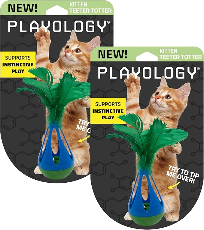 Playology Cat Toys | Interactive Teeter Totter Feather Top Toy for Indoor Cats (Value 2-Pack) | Toy Made from Non Toxic Materials
