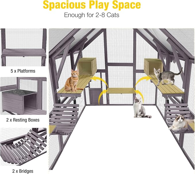 Aivituvin Catio for Multiple Cats, Large 56.54ft² Outdoor Enclosure, Weatherproof w/ 2 Bridges, 7 Trails, 2 Houses, Grey