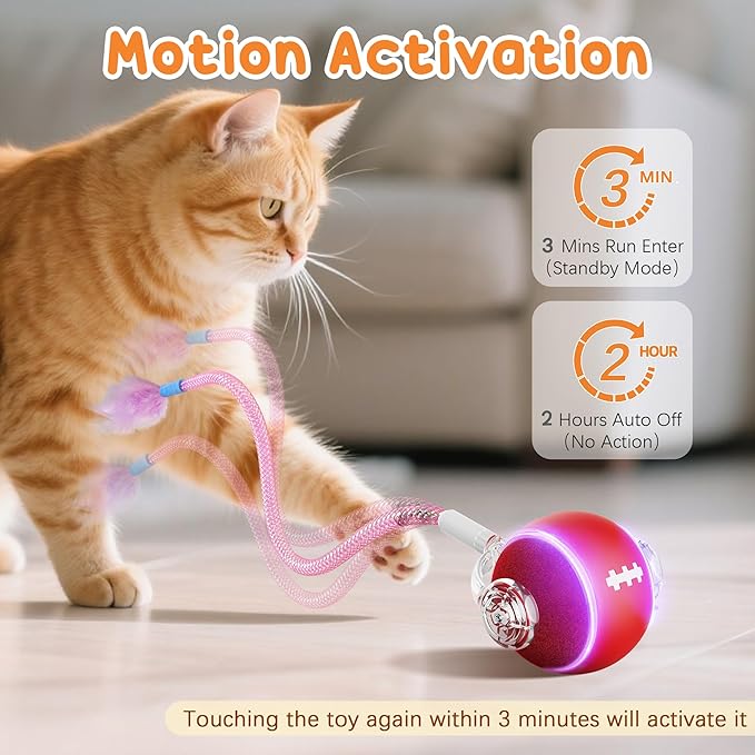 Interactive Cat Toys for Indoor Cats,3 Modes Electric Moving Cat Ball with Feather Tail,800MAH Large Capacity & Low Noise,Automatic Kitten Toys for Bored Indoor Adult Cats