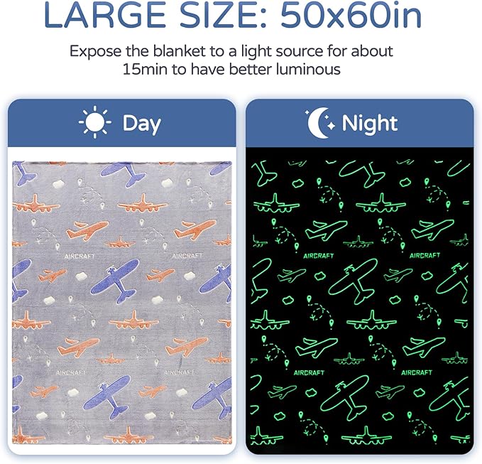 Glow in The Dark Airplanes Blanket, Gifts for Boys Girls,Soft Blanket 3 4 5 6 7 8 9 10 Year Old Kids Gifts,Gift Toys for Kids Teen Son Adult Presents,for Birthday Christmas Easter Gifts, 50"x60"