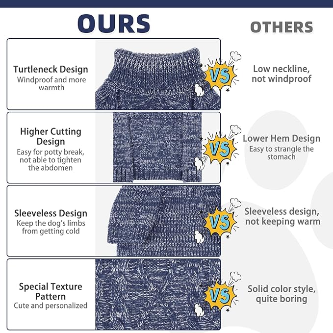 KOOLTAIL Thermal Knitted Dog Sweater for Small Medium Large Dogs, Turtleneck Cable Knit Doggy Winter Coat Warm Clothes Sweatshirt Outfits for Cold Weather,Pullover Pet Jumper for Puppy Cats Navy XL