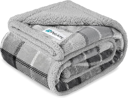 PetAmi Waterproof Dog Blanket for Medium Large Dog Puppy Cat Throw for Couch Cover Leakproof Protection, Sherpa Fleece, Reversible Soft Washable 60x40 Plaid Light Gray