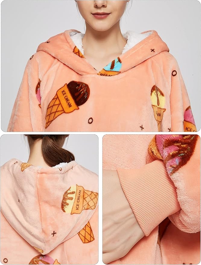 KFUBUO Wearable Blanket Hoodie for Adults Sherpa All Patterns Ice Cream Oversized Sweatshirt Blanket with Pockets Cute Birthday Gifts for Women