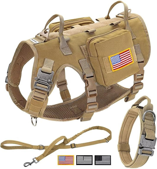 Forestpaw Tactical Dog Harness for Large Dogs,Tactical Dog Collar with Bungee Leash Set,No Pull Military Dog Harness for Walking Training,Adjustable for Medium Large Dogs,Khaki,Chest 15.5-25.5"