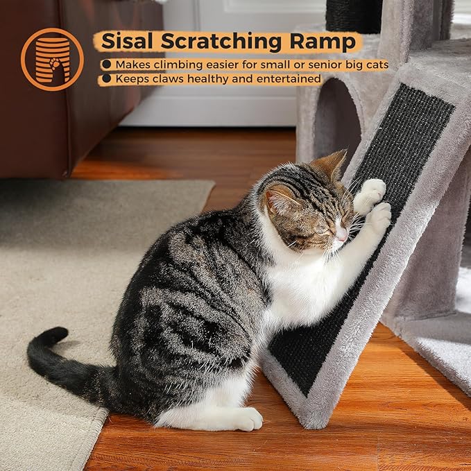 Cat Tree for Indoor Cats Adult, 45-Inch Heavy Duty Cat Tower with Sisal Scratching Ramp, 2 Cat Condo for Extra Large Cats, Big Top Perch, 3 Thick Black Scratching Posts (φ4.3) -Gray